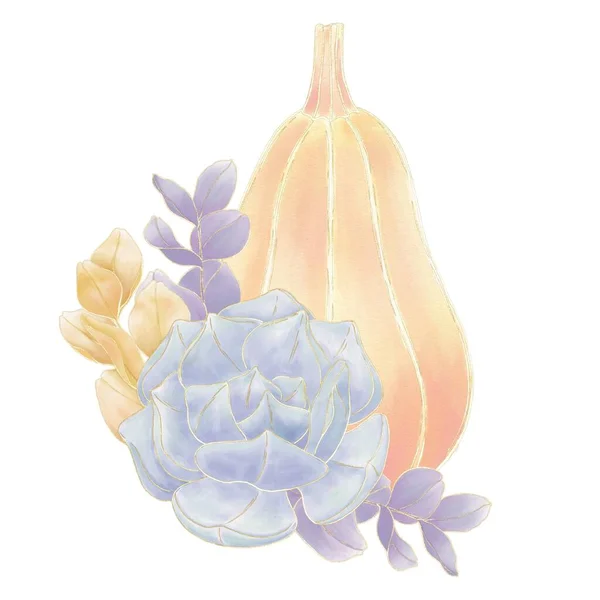 Composição Outono Uma Abóbora Laranja Decorada Com Uma Flor Suculenta — Fotografia de Stock