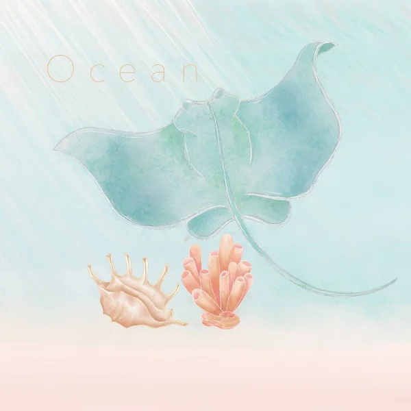 海底を背景にした海 サンゴ 海虫をテーマとしたイラスト構成 — ストック写真