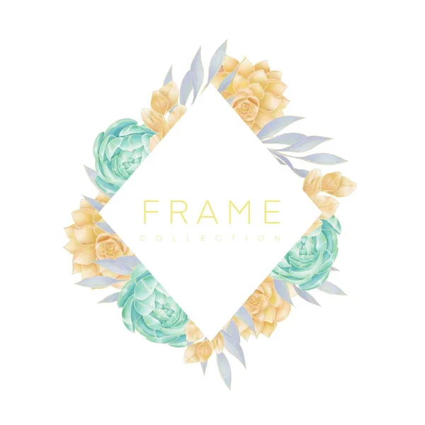 Frame, in the form of a diamond, decorated with flowers, orange and light green succulents, with twigs, leaves, an isolated element