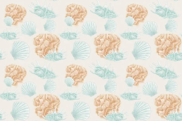 Nahtloses Muster Von Aquarellbildern Korallen Muscheln Muscheln Blauen Und Beigen — Stockfoto