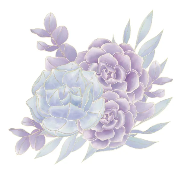 Букет Сукулентних Квітів Синьо Фіолетовий Гілочками Листям Золотий Контур — стокове фото