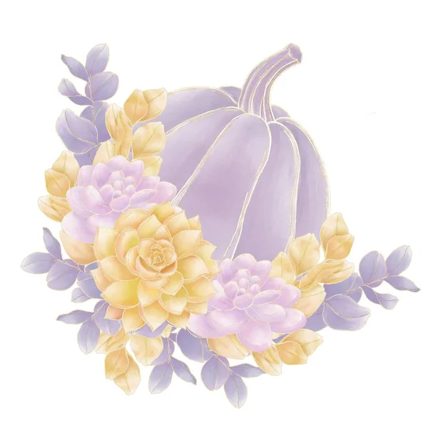 Ілюстрація Фіолетових Гарбузів Прикрашених Композицією Соковитих Квітів Апельсиновими Фіолетовими Гілочками — стокове фото
