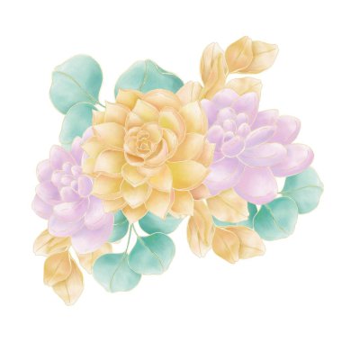 Dallı, yapraklı sulu çiçeklerin dekoratif bileşimi, turuncu, pembe ve yeşil renklerin çizimleri