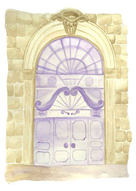 Suluboya çizimler, mor kapı, beyaz arkaplanda mimari