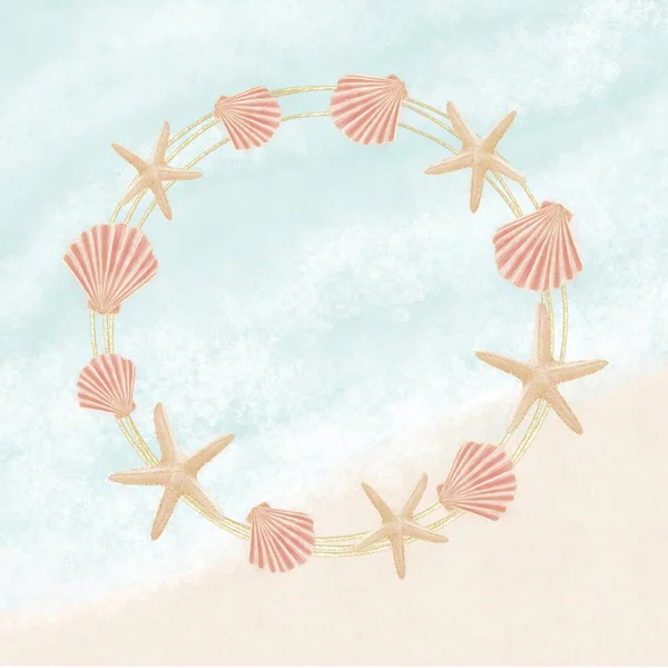 Декоративная Рамка Морскую Тематику Акварельными Иллюстрациями Раковинами Морской Звездой Фоне — стоковое фото