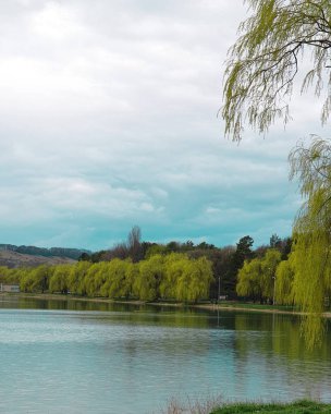 Bahar mevsiminde parkta göl manzarası. Balık tutmak için insanlarla dolu küçük bir gölet. Ilık bir bahar gününde, göl kıyısı, mavi gökyüzü..