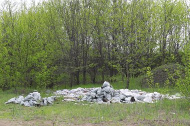 Ormanda inşaat atıkları, doğanın çevre kirliliği. Çöpler, atıklar, çöpler ormanda..
