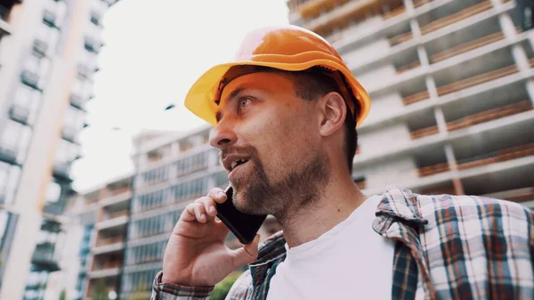 Portrait Young Handyman Making Call While Standing Construction Area Engineer — Stock Photo, Image