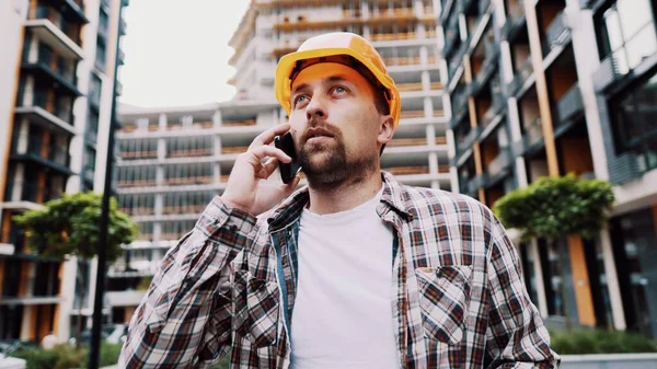 Caucasian Male Construction Worker Orange Hard Hat Plaid Shirt Talking — Stock Photo, Image