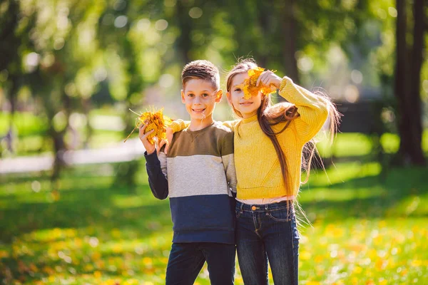 Szczęśliwe Bliźniaki Nastolatek Chłopiec Dziewczyna Pozowanie Przytulanie Się Jesiennym Parku — Zdjęcie stockowe