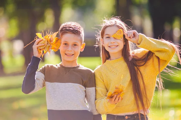 Glada Tvillingar Tonåringar Pojke Och Flicka Poserar Krama Varandra Höstparken — Stockfoto