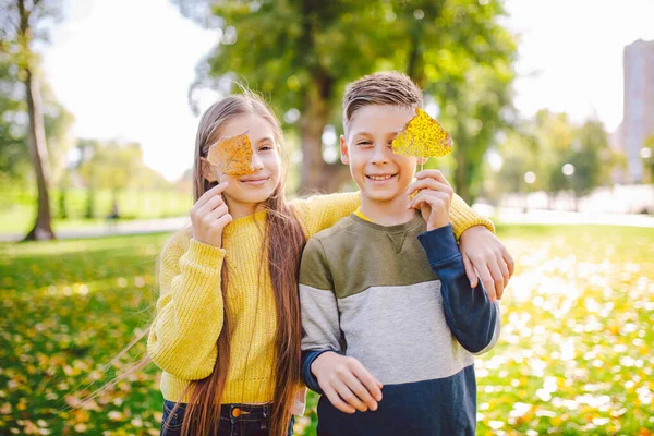 Glada Vita Syskon Njuter Höstdagen Parken Soligt Väder Barn Som — Stockfoto