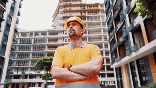 Builder Portrait Proud Expression Successful Constructor Architect Crossed Arms Construction — Stock Photo, Image