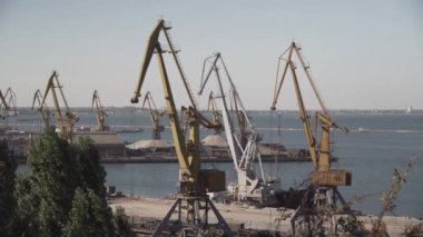 Deniz limanının panoramik manzarası, ön plandaki vinçler güneşli bir yaz gününde taşımacılık için kargo yüklüyor. Konu devlet ekonomisi ve lojistik, deniz hayatı..