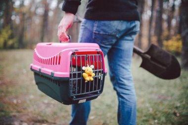 Yasadışı hayvan gömme teması. Ormanda self-servis hayvan mezarı. İnsan, yanında ölü kedi ya da köpek ve ormana gömmek için büyük bir kürek taşıyan taşıyıcı taşır. RIP evcil hayvan.