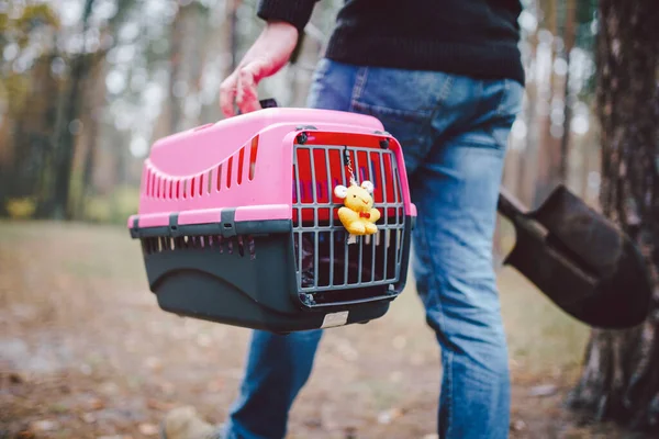 Man Still Forest Carrying Transport Box Dead Pet Shovel Burying — Stock Photo, Image