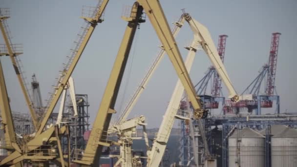 Vista panorámica del almacén del puerto marítimo, grúas de primer plano cargando carga para el transporte en día soleado. El tema es economía del estado y logística, vida cerca del mar. — Vídeo de stock