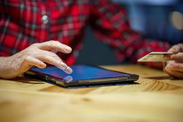 Senior Woman Ordering Christmas Gifts Online Digital Tablet Coffee Shop — ストック写真