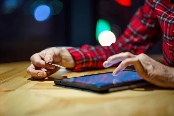 Senior Woman Ordering Christmas Gifts Online Digital Tablet Coffee Shop — ストック写真