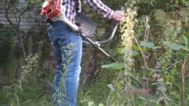 Jardineiro trabalha no quintal da casa rural com cortador de grama. Agricultor do sexo masculino cortando grama selvagem com uma foice elétrica na fazenda. Jovem trabalhador do sexo masculino cortando ervas daninhas, usando aparador. Cortador de escova de gasolina — Vídeo de Stock