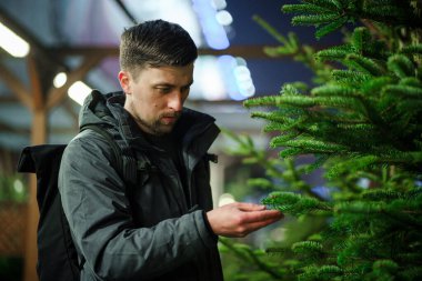 Tema, Noel ve Yeni Yıl tatillerinin sembolüdür. Noel ağacını seçen adam. Kışın açık havada Noel ağacı pazarı. Tatil için hazır. Tema, Noel ve Yeni Yıl 'ın sembolüdür.