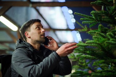 Kafkasyalı genç bir adam akşam açık hava pazarından Noel ağacını seçiyor karısıyla telefonda konuşuyor ve doğru seçim konusunda danışmanlık yapıyor. Noel ve yeni yıl tatillerinin sembolü. Tatil alışverişi..