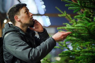 Kafkasyalı genç bir adam akşam açık hava pazarından Noel ağacını seçiyor karısıyla telefonda konuşuyor ve doğru seçim konusunda danışmanlık yapıyor. Noel ve yeni yıl tatillerinin sembolü. Tatil alışverişi..