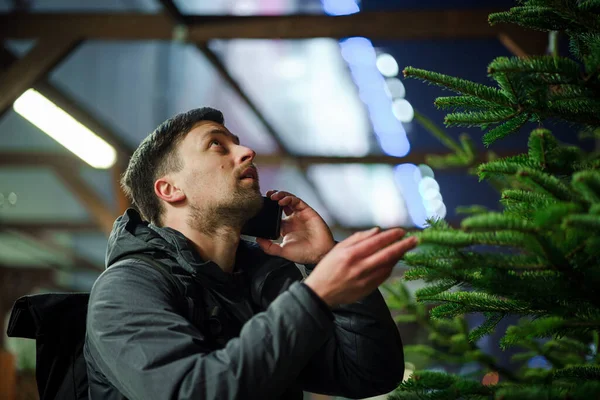 Батько Купує Ялинку Розмовляє Телефону Купівля Деревини Ринку Базар Різдвяний — стокове фото