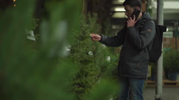 Las compras de fiesta, la selección y la compra de los atributos de Año Nuevo. El hombre caucásico habla por teléfono y aconseja elegir el árbol de Navidad en la noche de Nochevieja. Hombre compra abeto y utiliza el teléfono inteligente — Vídeos de Stock