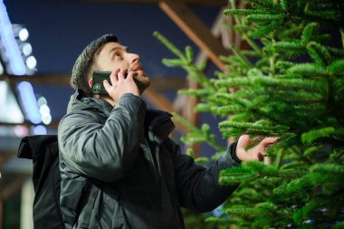 Kafkasyalı genç bir adam akşam açık hava pazarından Noel ağacını seçiyor karısıyla telefonda konuşuyor ve doğru seçim konusunda danışmanlık yapıyor. Noel ve yeni yıl tatillerinin sembolü. Tatil alışverişi..