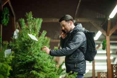 Kafkasyalı genç bir adam akşam açık hava pazarından Noel ağacını seçiyor karısıyla telefonda konuşuyor ve doğru seçim konusunda danışmanlık yapıyor. Noel ve yeni yıl tatillerinin sembolü. Tatil alışverişi..