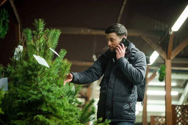 Şenlikli alışveriş, seçim ve Yeni Yıl nitelikleri satın alma. Beyaz adam telefonda konuşuyor ve yılbaşı arifesinde Noel ağacını seçmeyi tavsiye ediyor. Erkek ladin satın alır ve akıllı telefon kullanır..