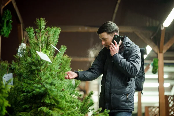 Şenlikli alışveriş, seçim ve Yeni Yıl nitelikleri satın alma. Beyaz adam telefonda konuşuyor ve yılbaşı arifesinde Noel ağacını seçmeyi tavsiye ediyor. Erkek ladin satın alır ve akıllı telefon kullanır..