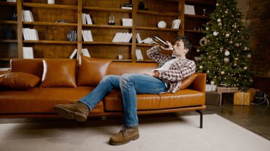 Genç erkek alkoliğin tıbbi ve psikolojik yardıma ihtiyacı var. Adam alkol bağımlısı ve Noel ve yeni yıl arifesinde evde kanepede kalamıyor. Sarhoş adam Noel ağacının yanındaki şişeden şarap içiyor..