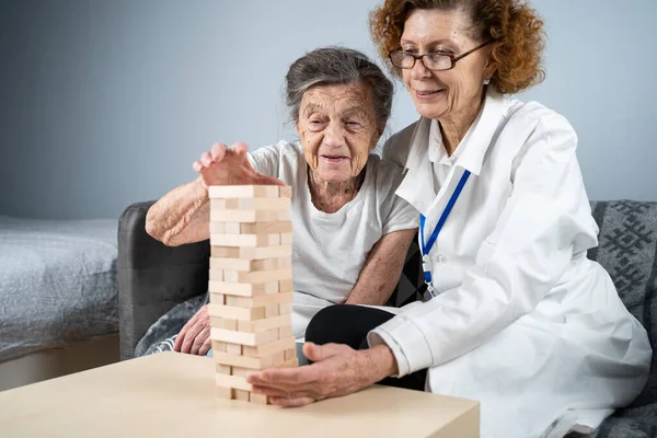 Jenga Game Theme Dementia Aging Games Old People Caucasian Senior — Stock Photo, Image