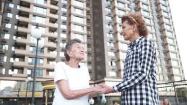 Bağlılık. Şehirde dolaşmak için mükemmel bir arkadaş. Bakıcı, gönüllü asistan yaşlı bayanla ilgileniyor. Kızı olan yaşlı bir kadın çok katlı binanın avlusunda el ele tutuşup sarılıyor.