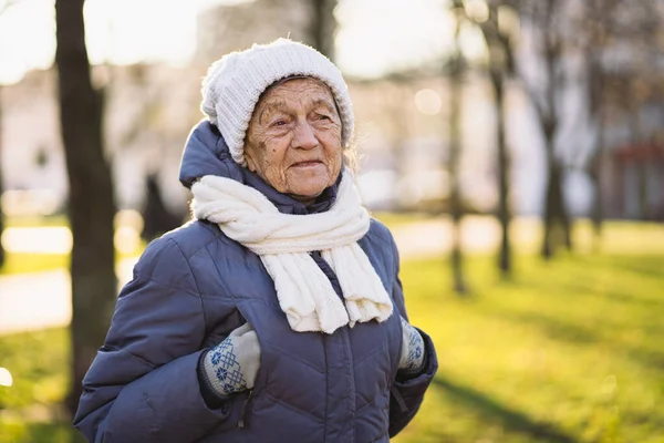 冬季穿着夹克 围巾和头饰的老年妇女的户外肖像 退休快乐快乐的老年人在公园里摆姿势 阳光灿烂的寒冷天气 快乐成熟的女人喜欢在城里散步 — 图库照片