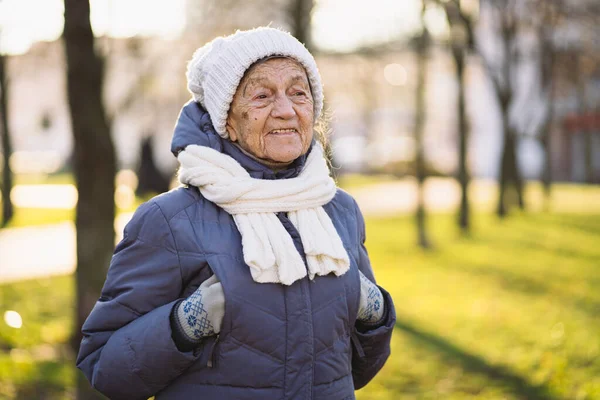 冬季穿着夹克 围巾和头饰的老年妇女的户外肖像 退休快乐快乐的老年人在公园里摆姿势 阳光灿烂的寒冷天气 快乐成熟的女人喜欢在城里散步 — 图库照片