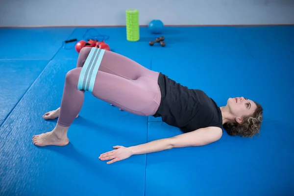 Legs Woman Barefoot Doing Pilates Exercise Elastic Fabric Resistance Band —  Fotos de Stock