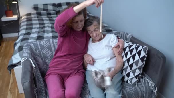 Ancianos jubilados y mascotas animales. Animal doméstico juguetón y madre mayor e hija mayor en casa en el sofá. Terapia Kitty. Tabby gris escocés recta gatito capturas juguete en cuerda y familia — Vídeo de stock