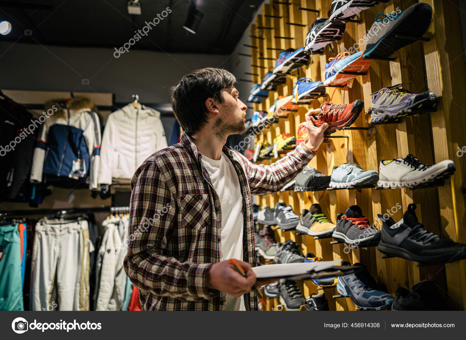 Sales Assistant Sports Travel Store Makes Inventory Hiking Boots