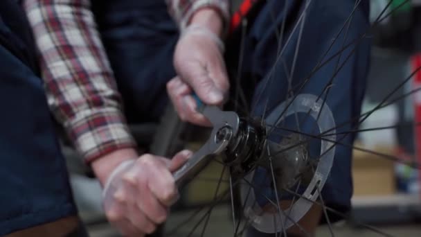 Mecánico masculino que trabaja en taller de reparación de bicicletas, mecánico que repara la bicicleta usando la herramienta especial, usando guantes protectores. Joven hombre de servicio atractivo fijación de clientes rueda de bicicleta en su propio taller — Vídeo de stock