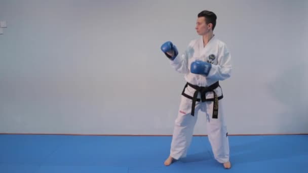 Karate és taekwondo nő fehér kimono fekete öves vonatok ütések és rúgások kék sport kesztyű. Női harcos, aki harcművészetet végez. Taekwondo játékos edzés. Ukrajna, Kijev március 20, 2017 — Stock videók