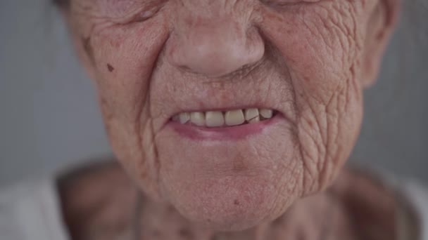 Primo piano soddisfatto caucasico anziana donna guardando la fotocamera sorridente e ridente su sfondo grigio. Ritratto di una nonna di 90 anni felice in studio. Dentatura per una persona anziana — Video Stock