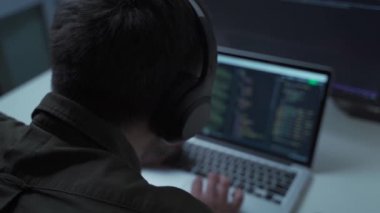Kulaklık programcısı, bilgisayar ve dizüstü bilgisayarın arkasında yeni yazılım geliştirme çalışmaları ile gürültüyü iptal ediyor. Ofisteki bilgisayarda çalışan uygulama geliştiricisi. Evden çalışma, uzaktan çalışma konsepti