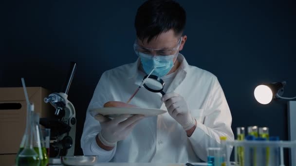 Laboratory assistant with magnifying glass examining raw meat. Detection of poison. Scientist testing GMO chicken in chemical lab. Man looking at meat sample though magnifying glass, product quality — Stock Video