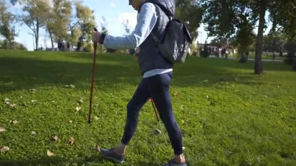 Зріла жінка ходить в парку з скандинавськими паличками в сонячну погоду. Старша жіноча тренування скандинавської ходьби на природі. Літня спортсменка кардіо вправи з полюсами в руках на відкритому повітрі — стокове відео