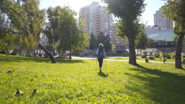 Saludable y activo. Mujer madura con bastones caminantes camina al aire libre en el césped en el parque de la ciudad en tiempo soleado. Alegre anciana en el parque verde trabajando a pie nórdico. Palos escandinavos — Vídeo de stock
