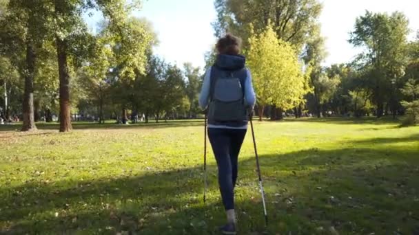 Mujer madura caminando en el parque con bastones nórdicos en tiempo soleado. Entrenamiento femenino mayor paseo escandinavo en la naturaleza. Ejercicio cardio de deportista en forma de anciano con bastones en las manos al aire libre — Vídeos de Stock