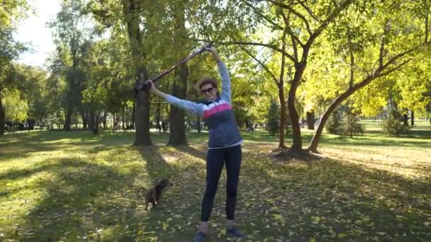 Mulher madura fazendo exercícios com pólos de caminhada nórdicos no parque em clima ensolarado outono. Avó fazendo exercícios físicos com pau de velocista. Hora do desporto. Senior mulher exercitando no parque — Vídeo de Stock